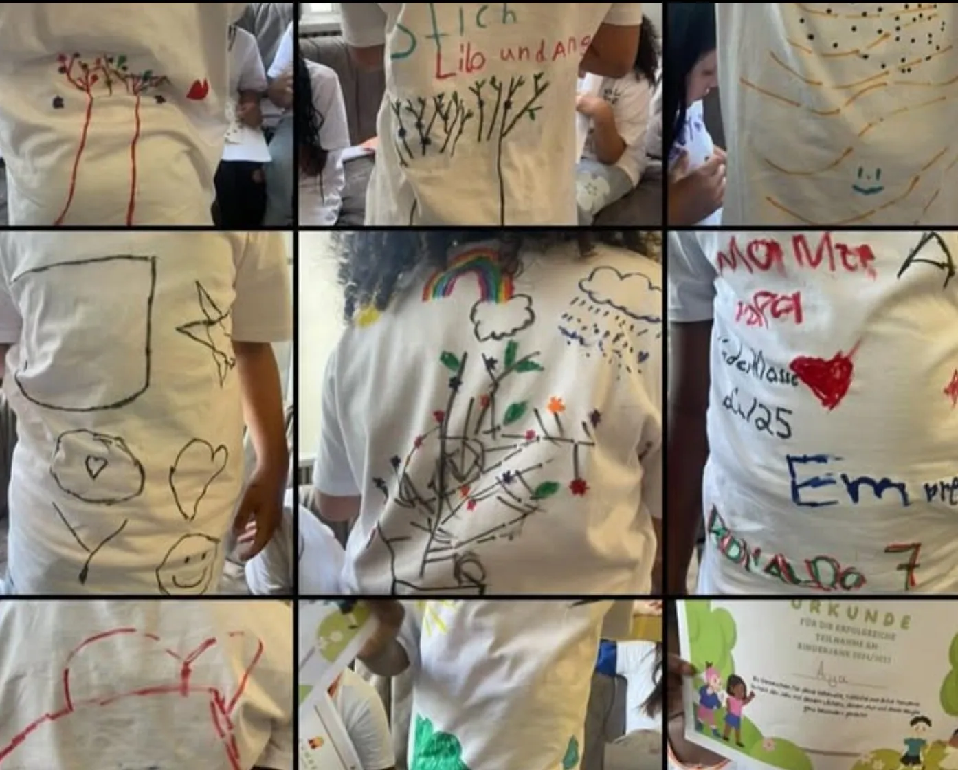 Von Kindern bemalte T-Shirts aus dem Kreativworkshop